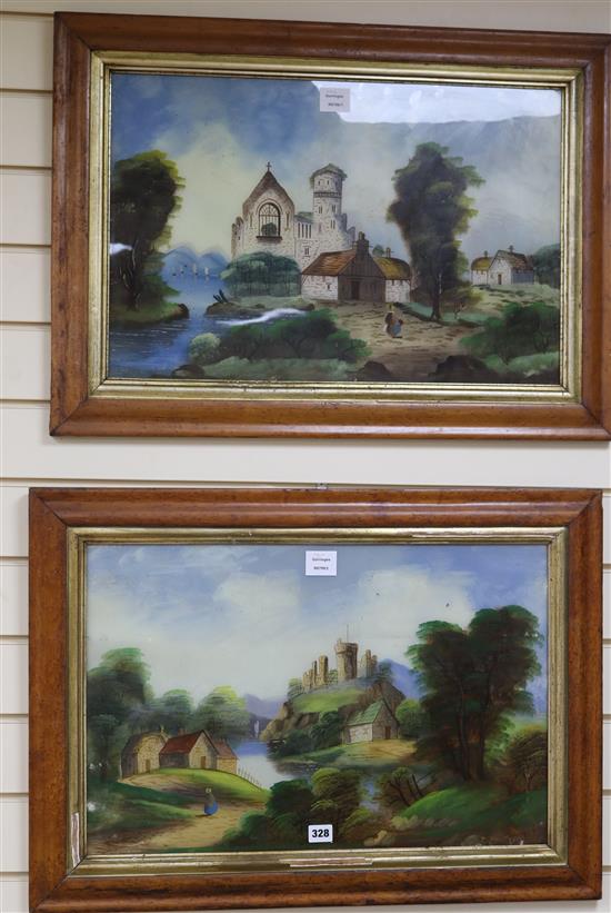 A pair of Victorian primitive school reverse glass paintings, views of a church and a castle, maple framed 39.5 x 60cm